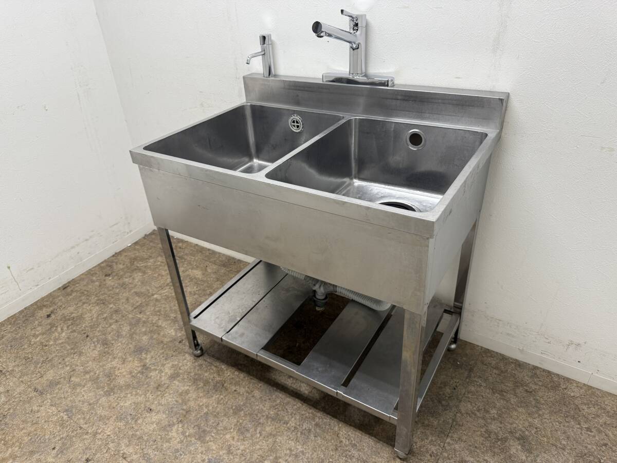 ステンレス　業務用　2層シンク　蛇口付き　厨房　飲食店　W９００ｘD６００ｘH８５０ｍｍ