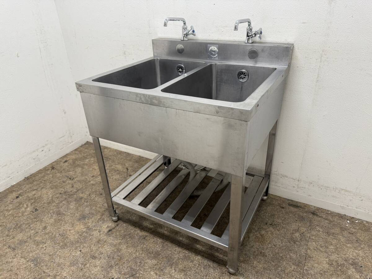 ステンレス　業務用　2層シンク　蛇口付き　厨房　飲食店　W７５０ｘD６３０ｘH８００ｍｍ